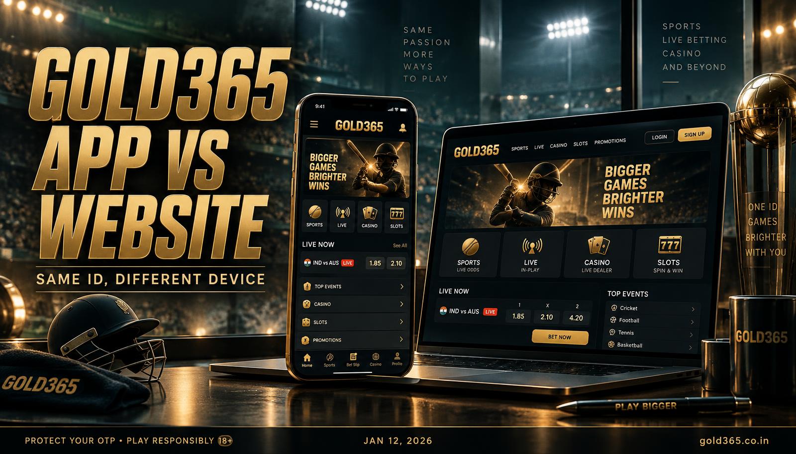 Banner for Gold365 app vs website: same ID, different device