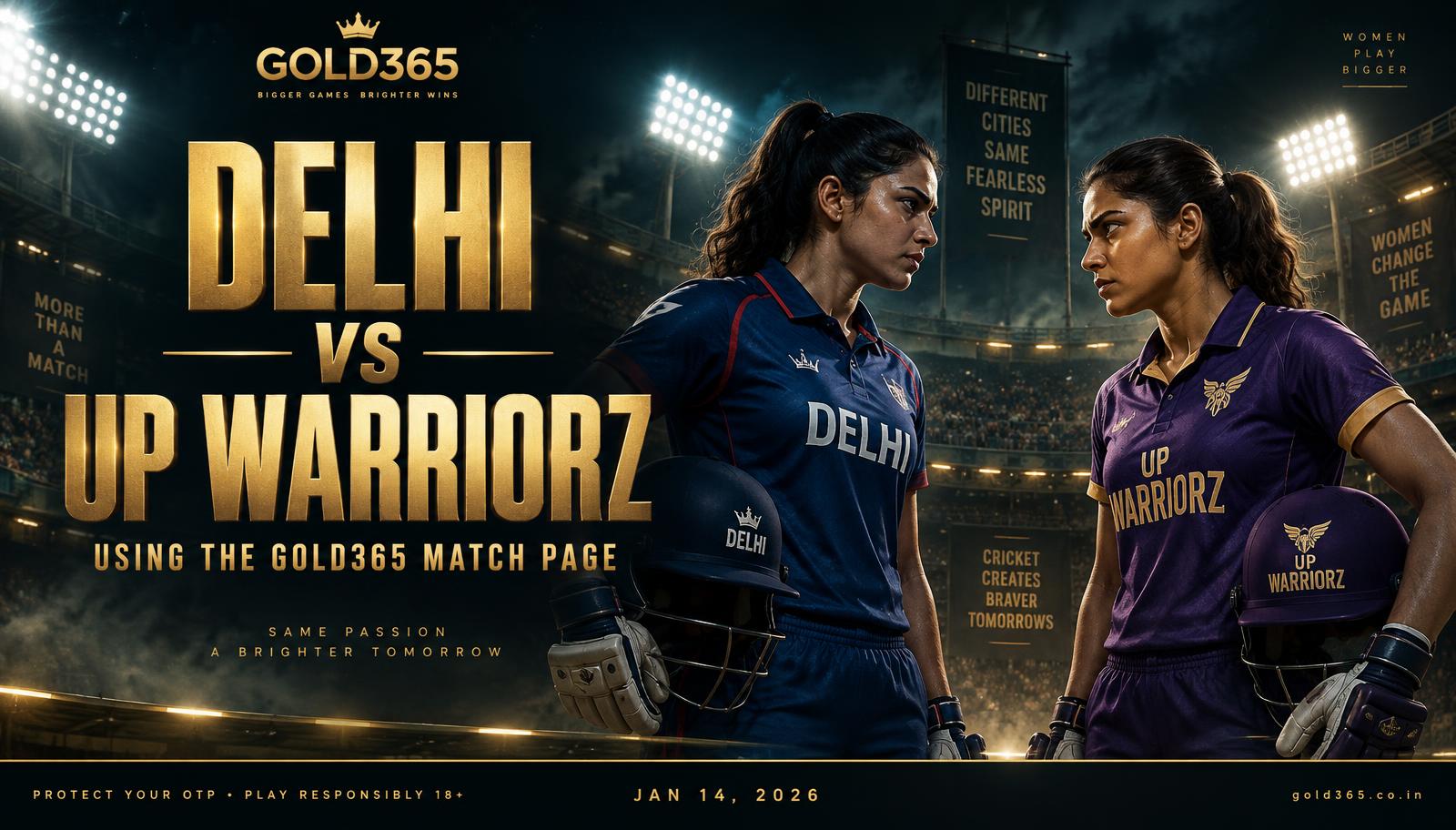 Banner for Delhi vs UP Warriorz: using the Gold365 match page