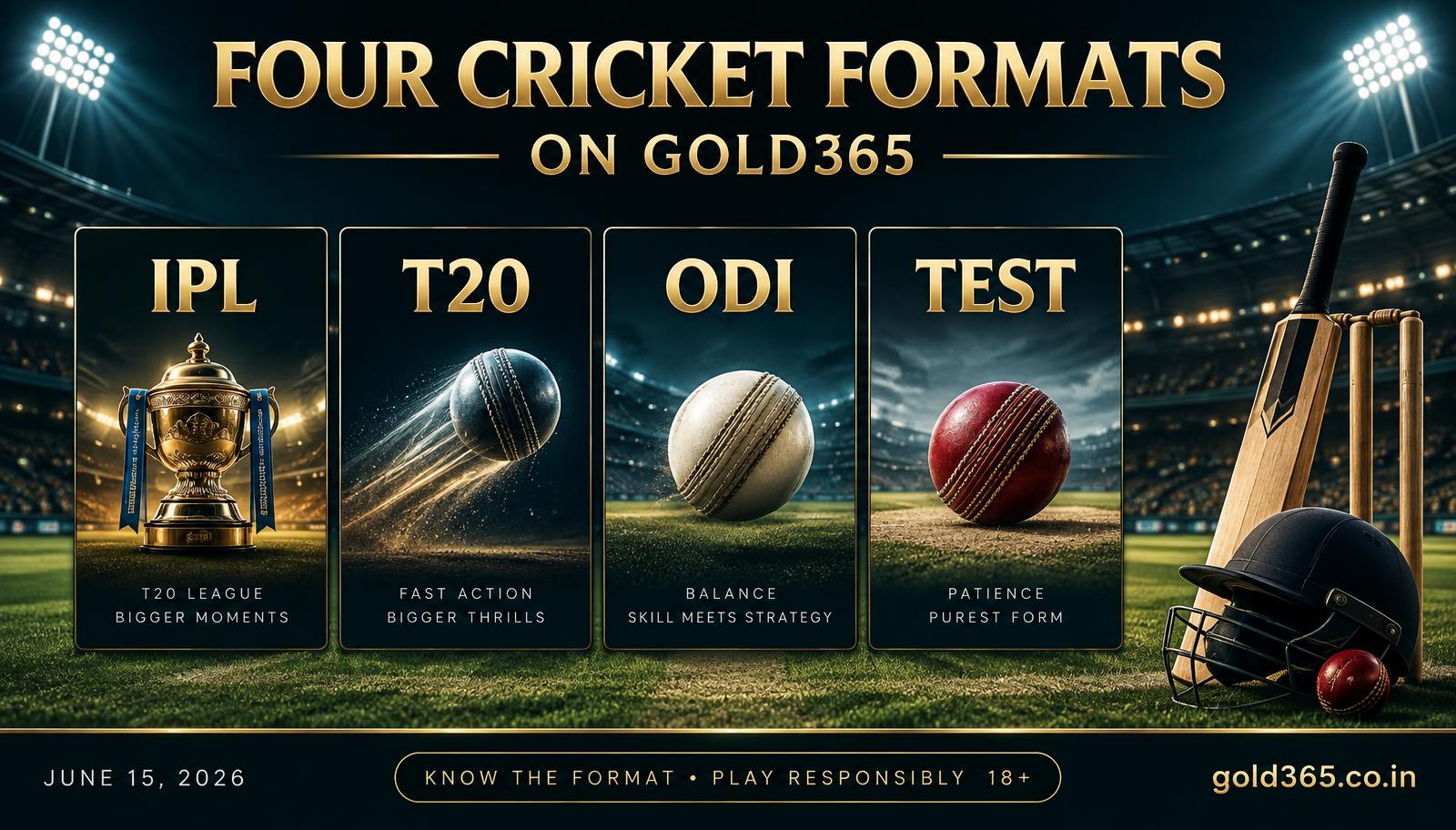 Banner for IPL, T20, ODI, and Test Cricket on Gold365