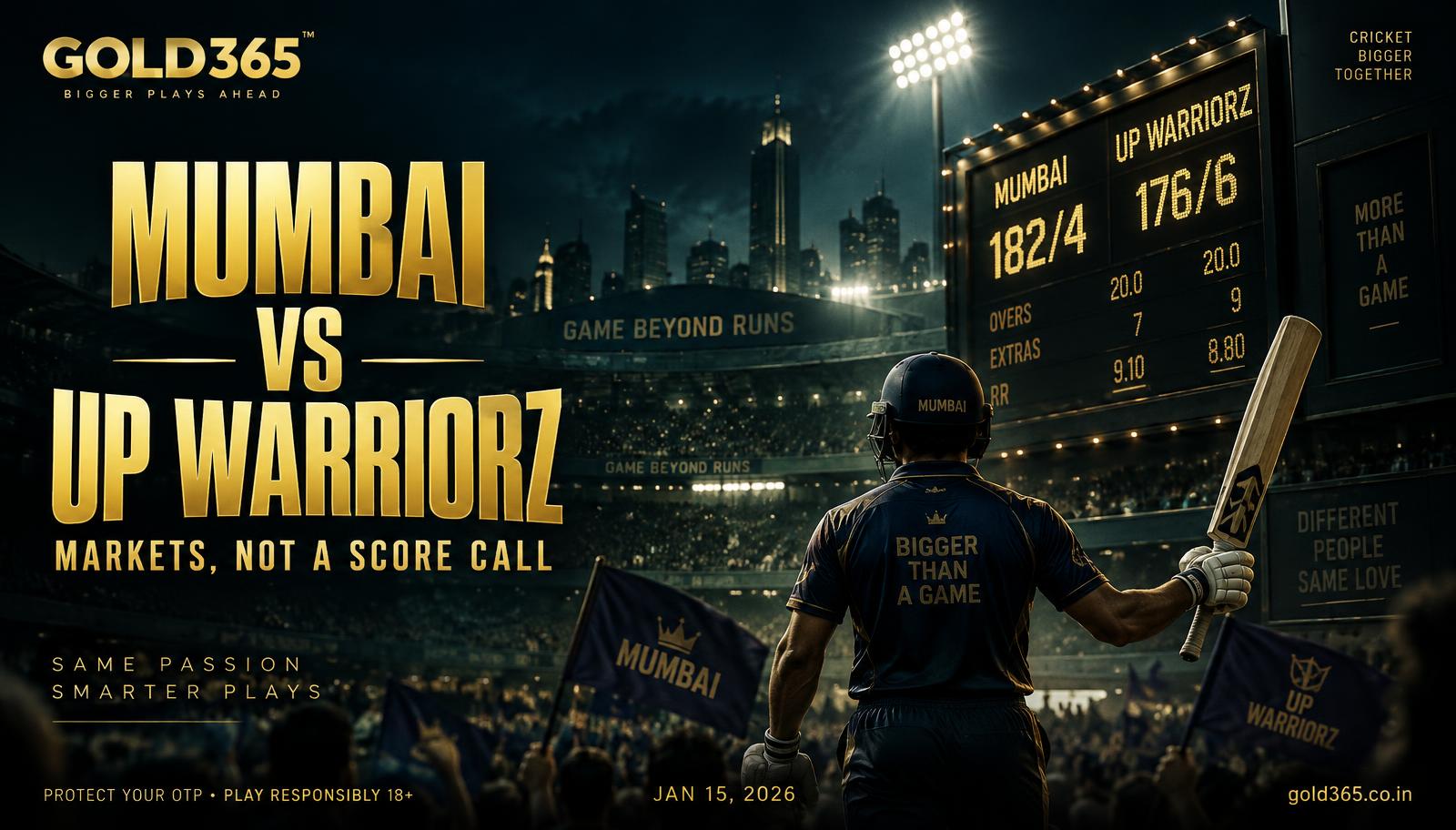Banner for Mumbai vs UP Warriorz on Gold365: markets, not a score call