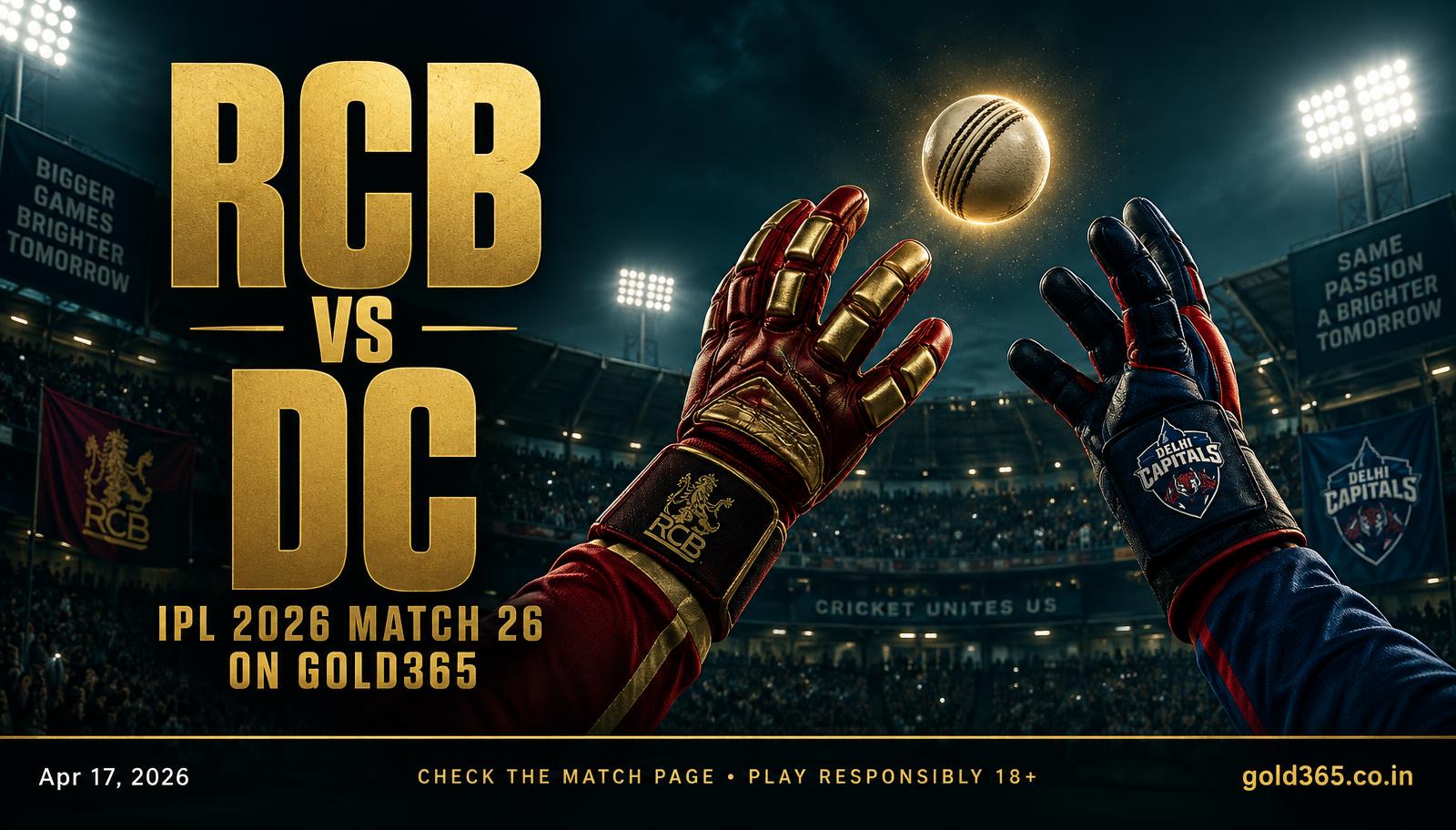 Banner for RCB vs DC, IPL 2026 Match 26, on Gold365 (Not Dream11)