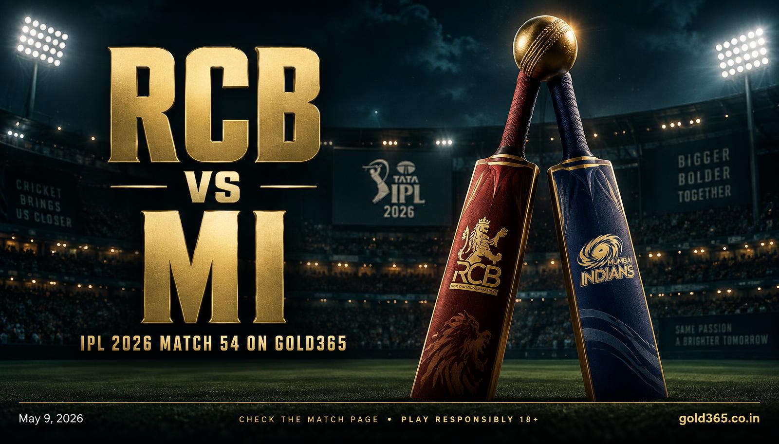 Banner for RCB vs MI, IPL 2026 Match 54, on Gold365 (Not Dream11)