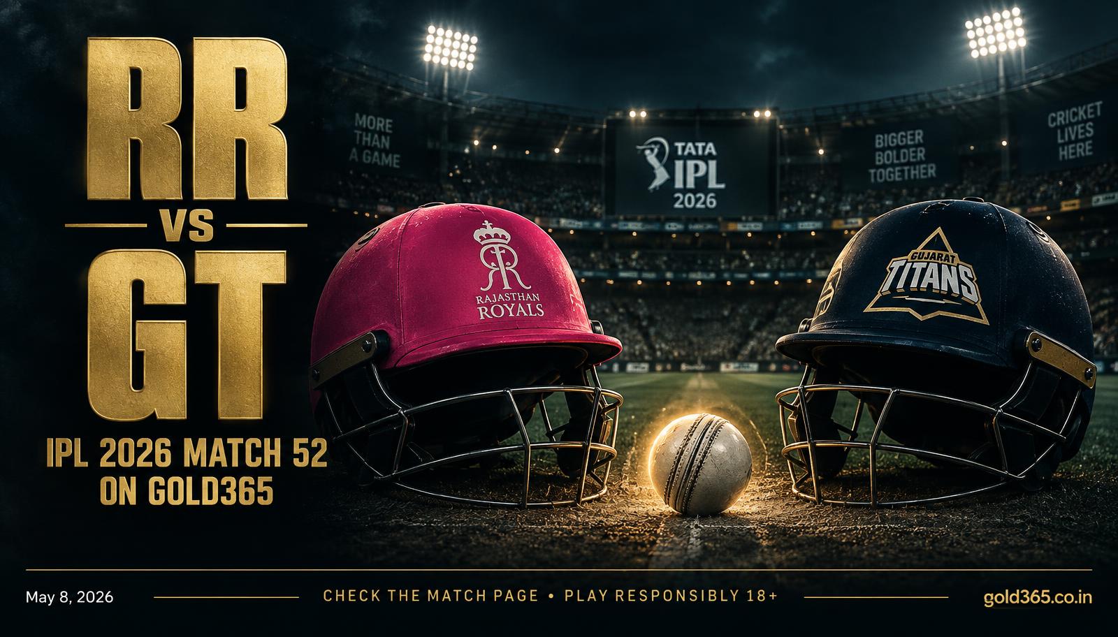 Banner for RR vs GT, IPL 2026 Match 52, on Gold365 (Not Dream11)