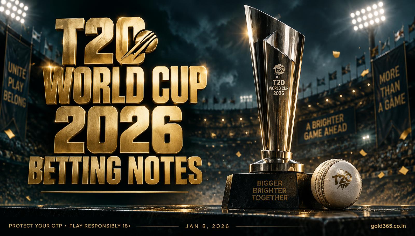 Banner for T20 World Cup 2026 betting notes for Gold365 users