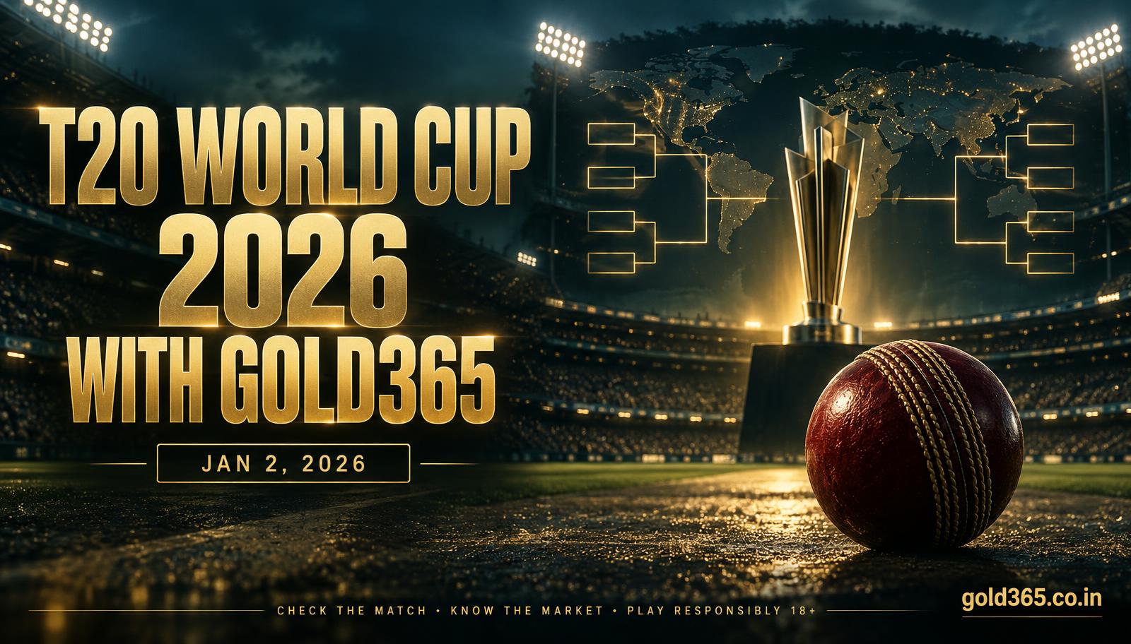 Banner for Bet the ICC T20 World Cup 2026 with a Gold365 ID