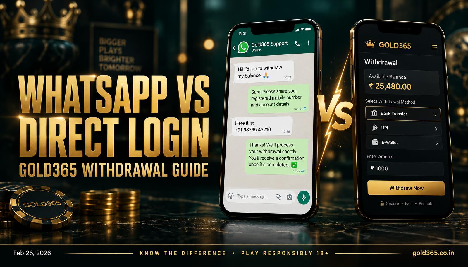 Banner for WhatsApp versus the Gold365 withdrawal screen